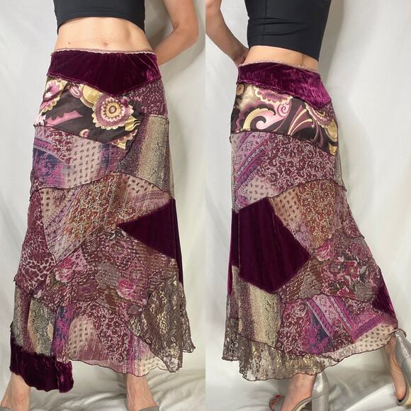 SOLD Cache vintage Y2K patchwork silk maxi skirt fairy paisley floral velvet - Picture 10 of 12